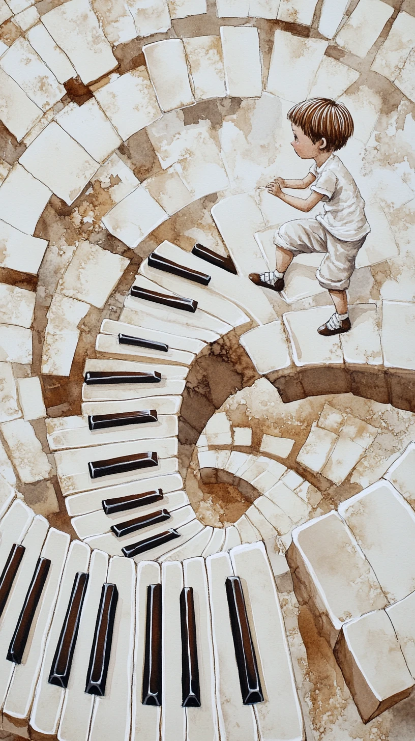 Bambino che Sale una Scala a Chiocciola di Pianoforte in Illustrazione Surreale a Inchiostro