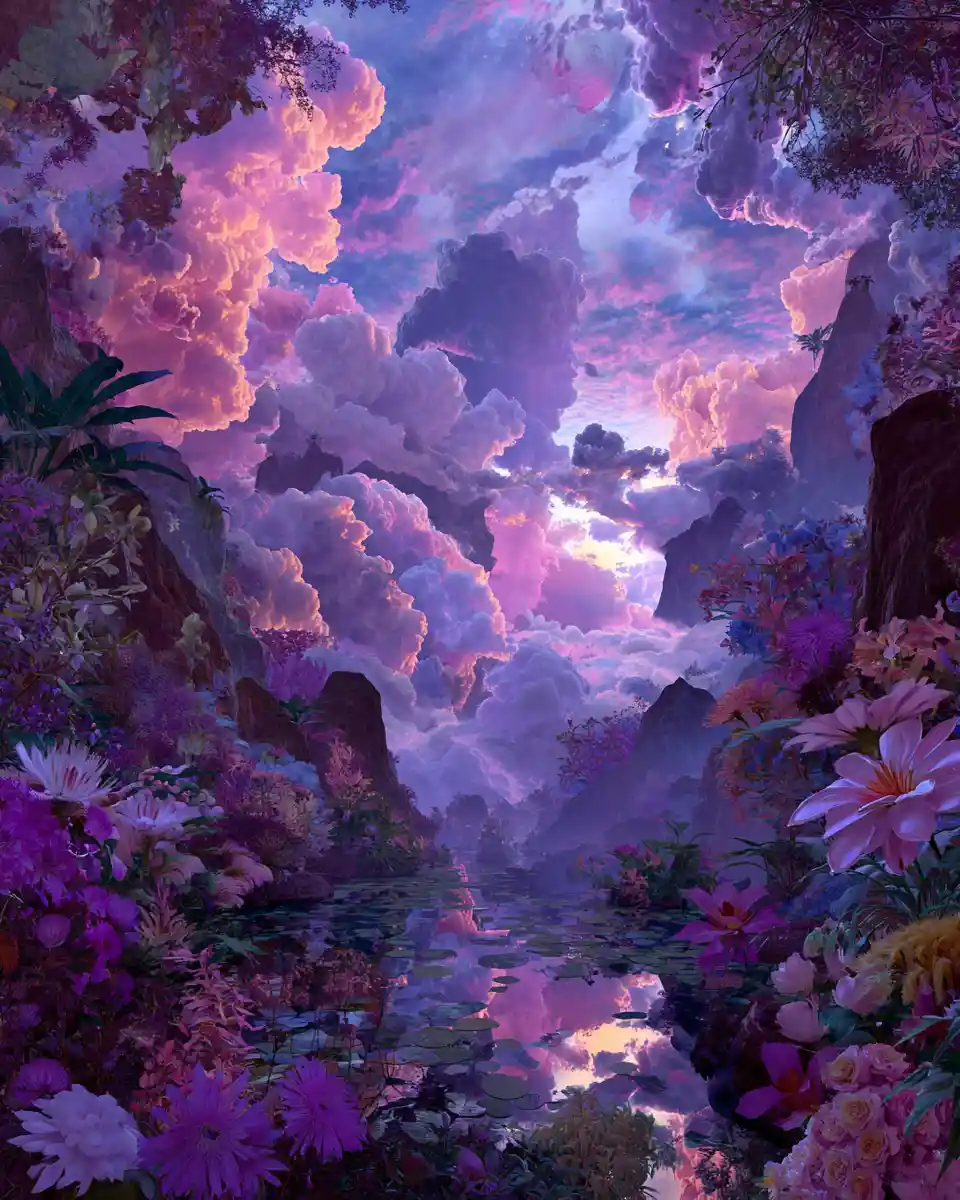 Surreal fantasy dreamscape blending nature and musical elements