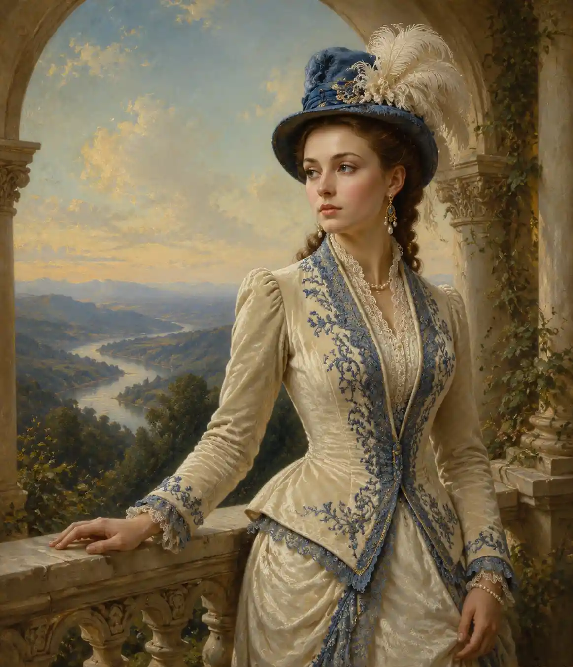Victorian woman in ivory dress on balcony at sunrise
