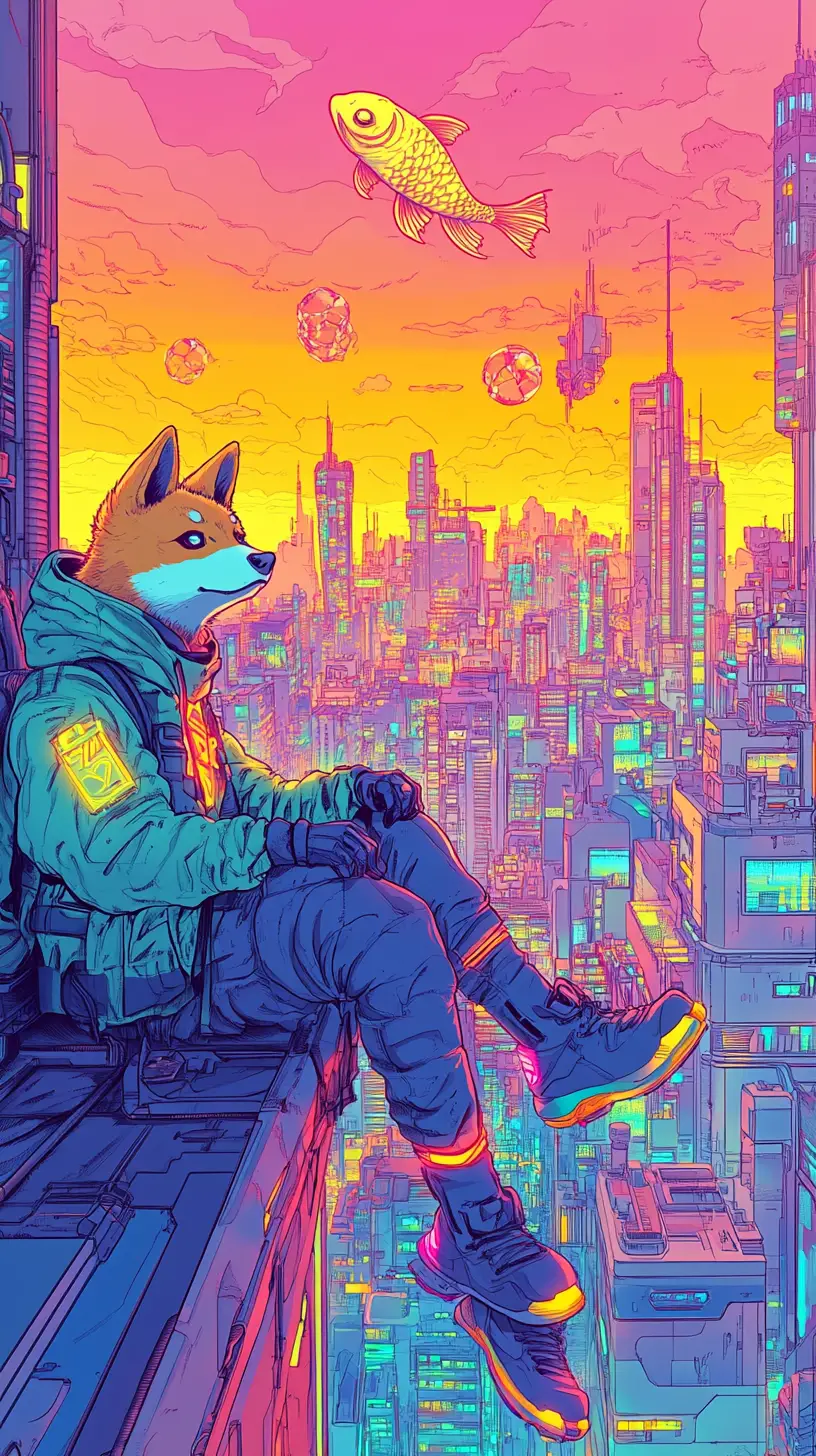 休憩在霓虹未來城市上空的柴犬太空人