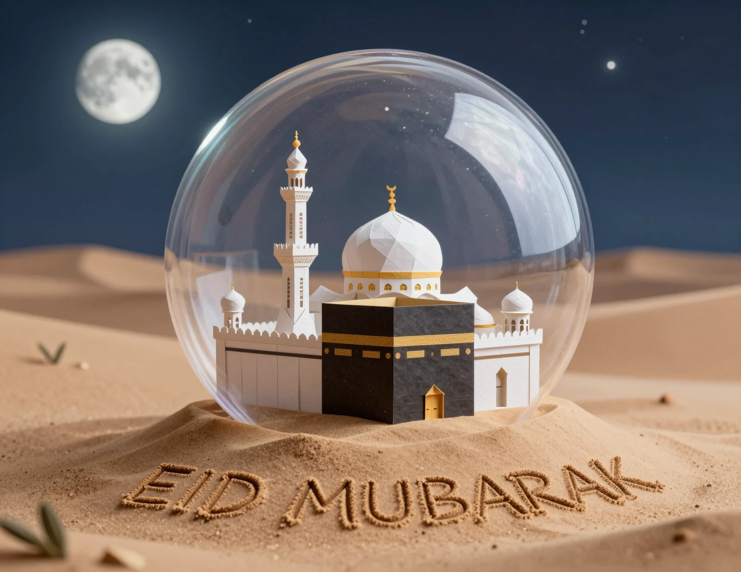 Mesquita de origami dentro de esfera de vidro na areia do deserto ao luar