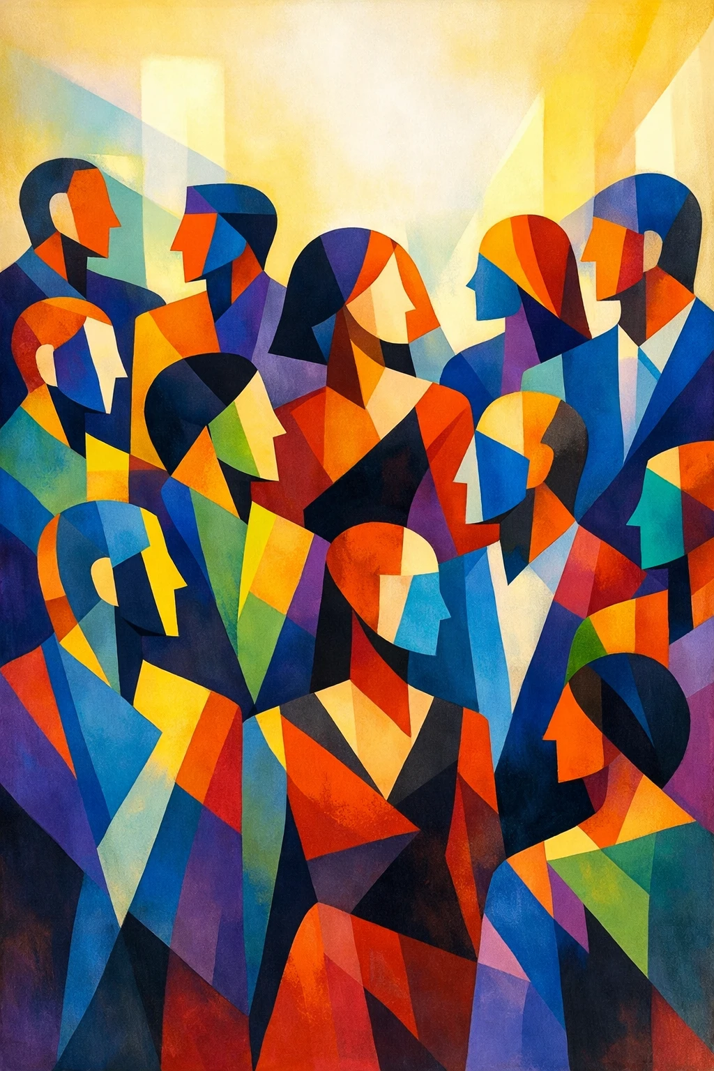 Multidão abstrata colorida de figuras humanas geométricas
