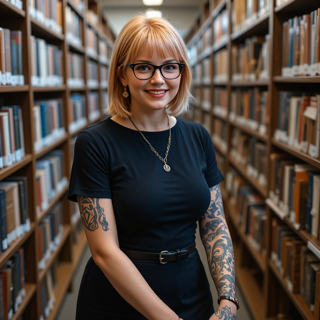 Mulher sorridente de vestido preto trabalhando em biblioteca movimentada