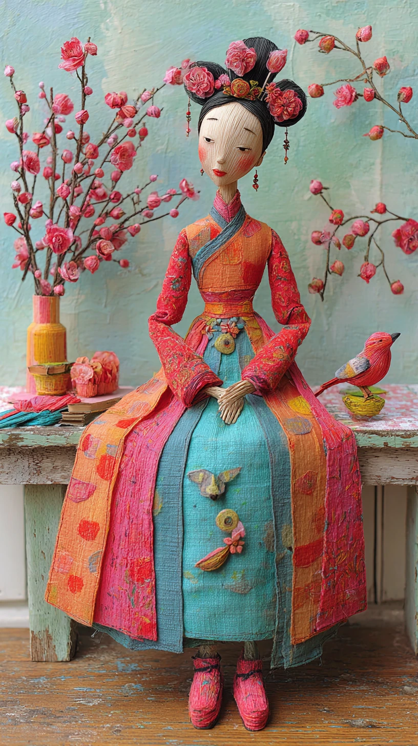 Casinha de bonecas de palácio chinês com damas da corte e flores de ameixeira