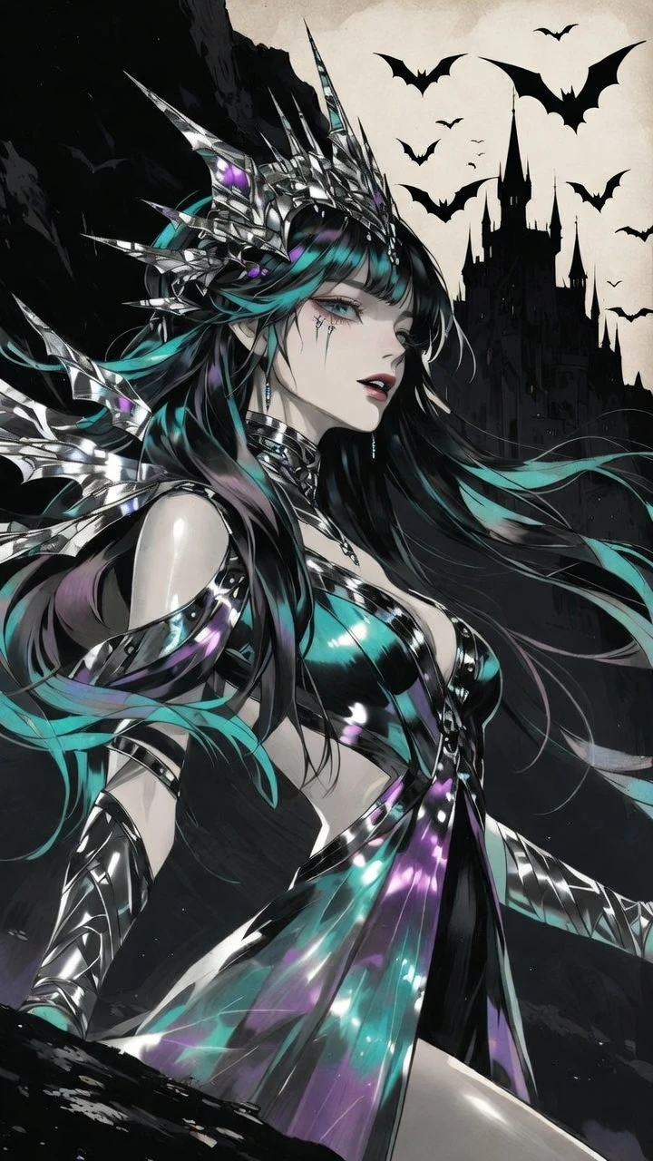 Femme de fantasy gothique devant un château éclairé de vert sarcelle la nuit