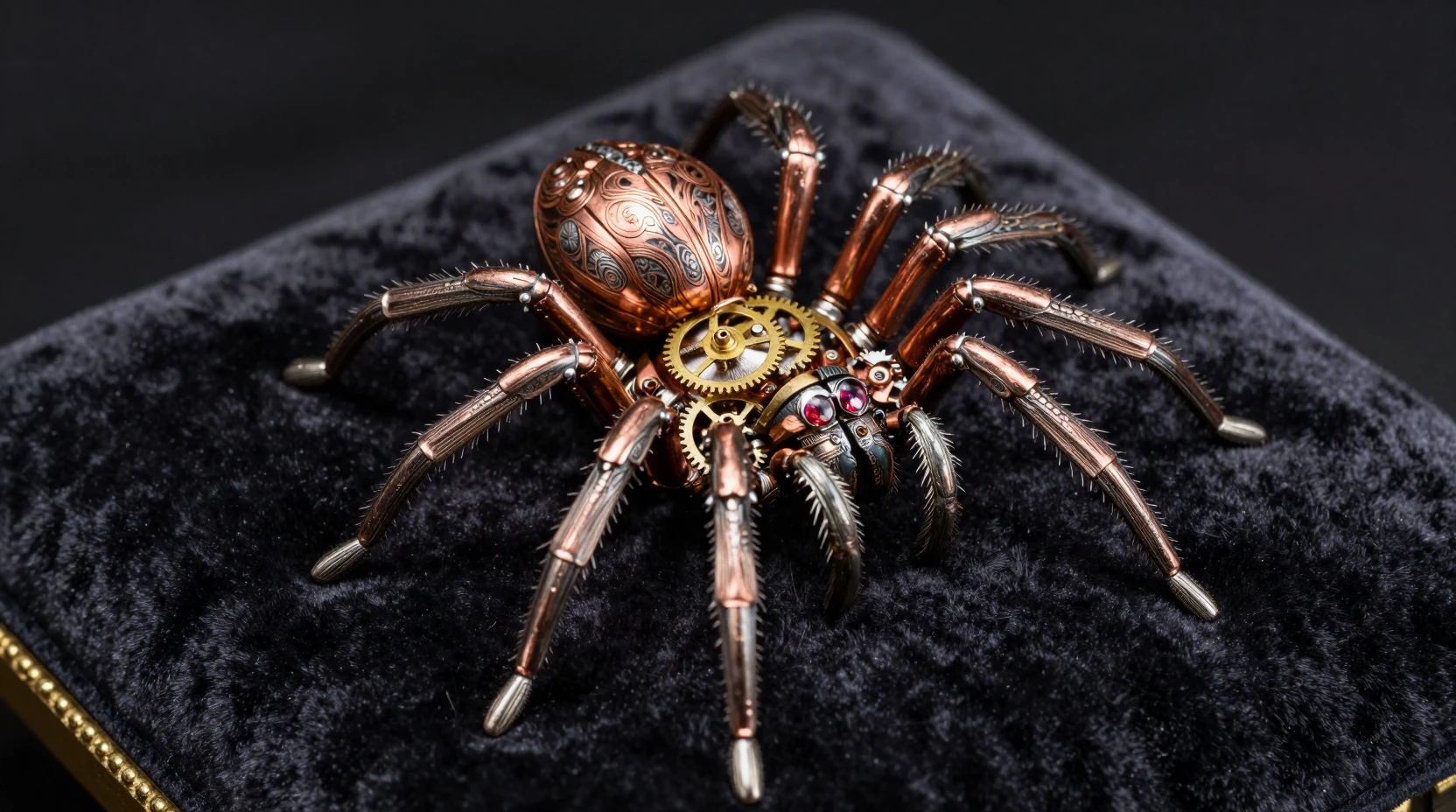 Aranha Mecânica de Relógio em Almofada de Veludo Escuro