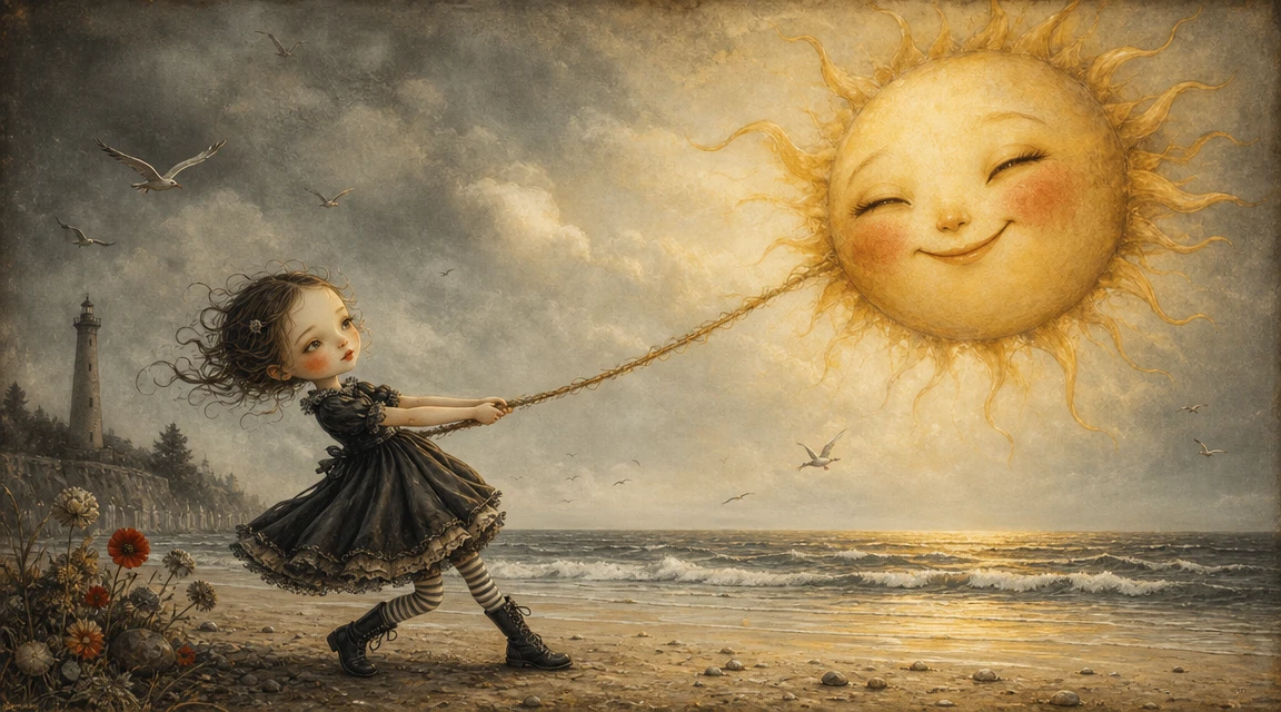 Fillette tirant un soleil souriant au-dessus d’une plage paisible