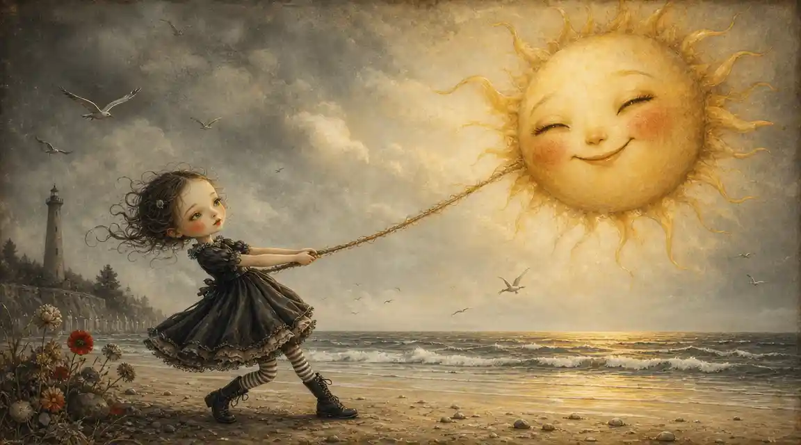 Girl Tugging A Smiling Sun Above A Quiet Beach