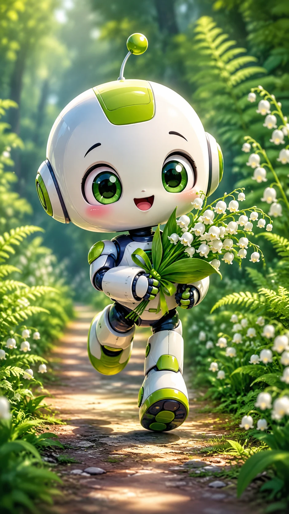 Adorável robozinho correndo com lírios por uma trilha na floresta