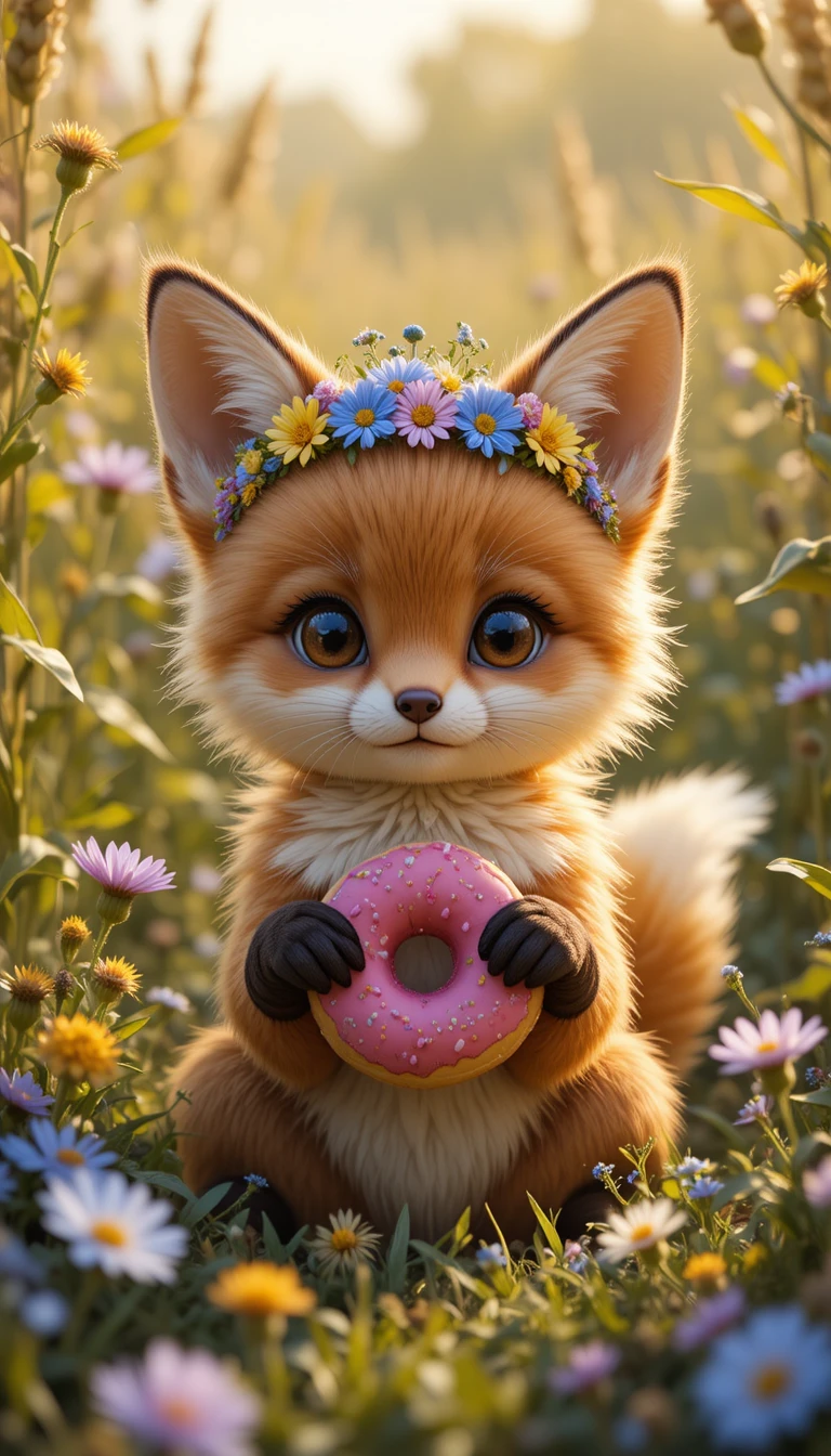 Filhote de raposa fofo em prado ensolarado com coroa de flores