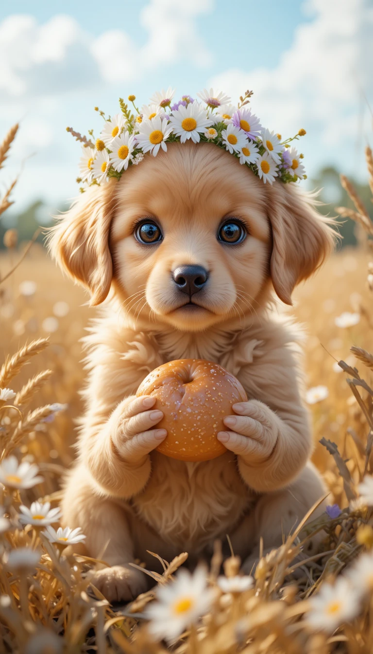 Filhote fofo de golden retriever em um campo de trigo ensolarado