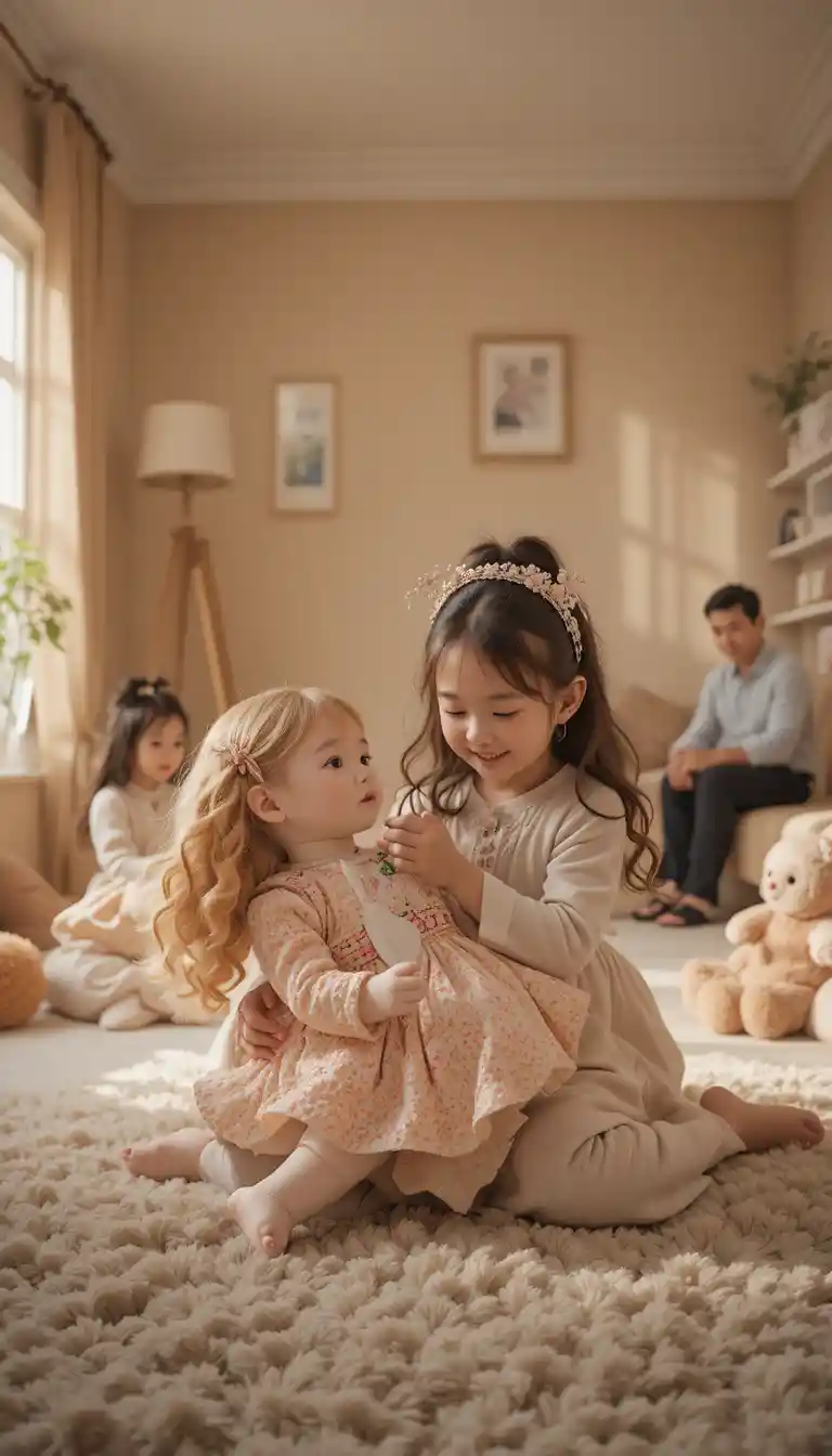 Bambina che gioca con una grande bambola in un soggiorno accogliente
