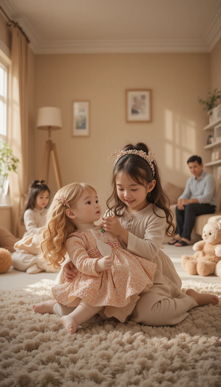Bambina che gioca con una grande bambola in un soggiorno accogliente