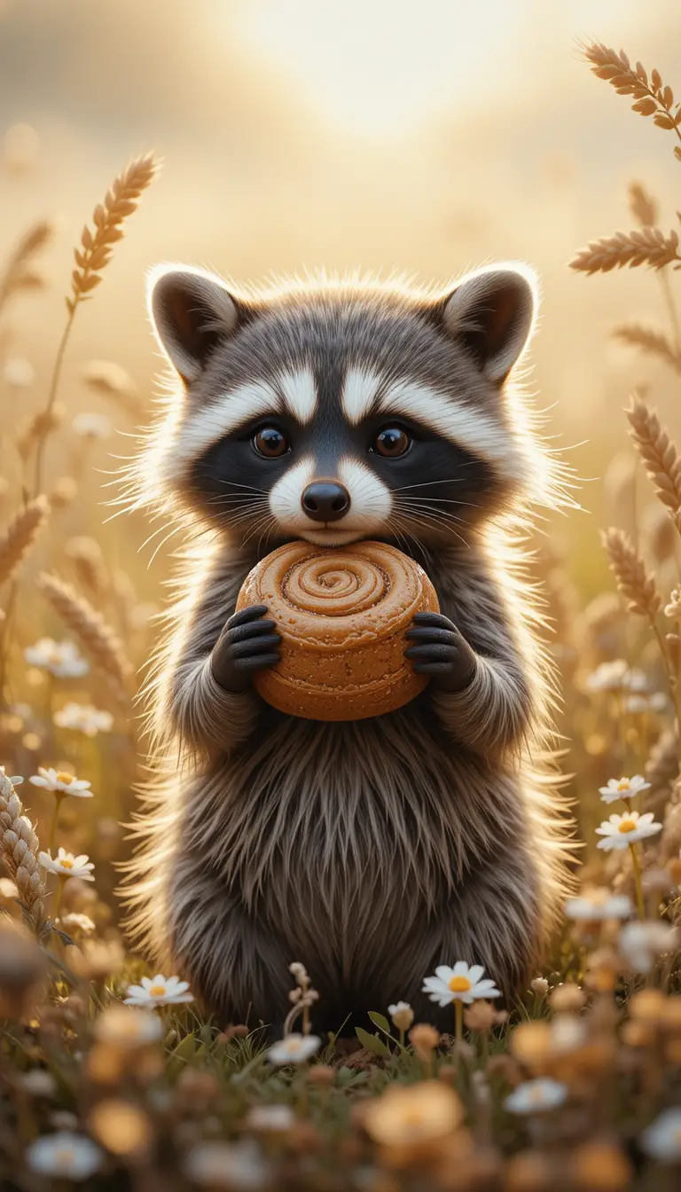 Adorable raton laveur tenant un roulé à la cannelle dans un champ de blé