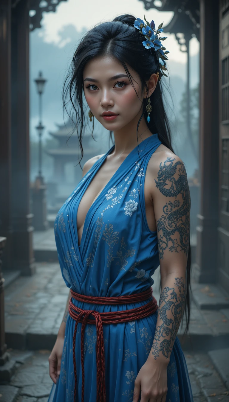 青いドレスのアジア人女性と霧に包まれた仏教寺院