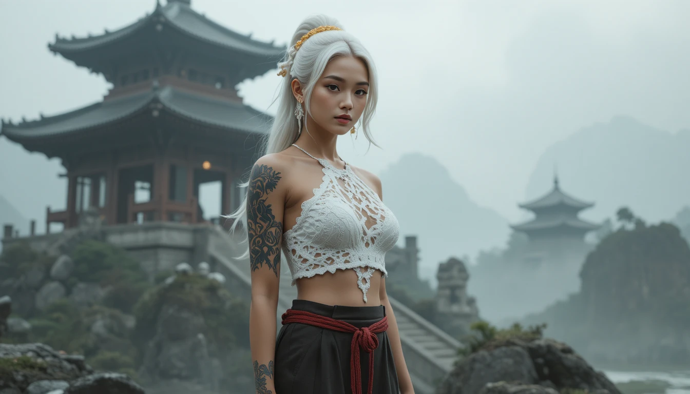 霧の寺院に立つ白髪のアジア人女性（破れたクロップトップ）