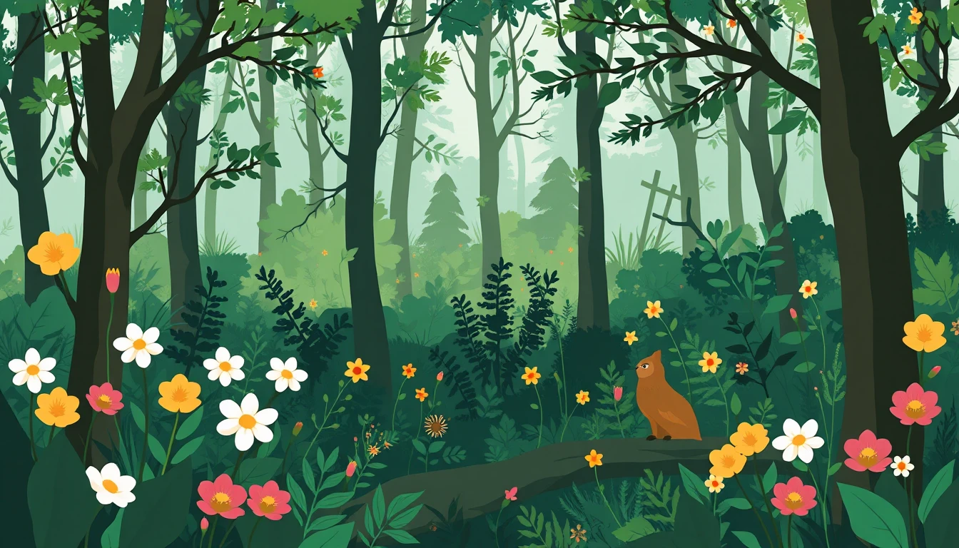 Dolce cucciolo di orso con salopette in un'illustrazione piatta di foresta