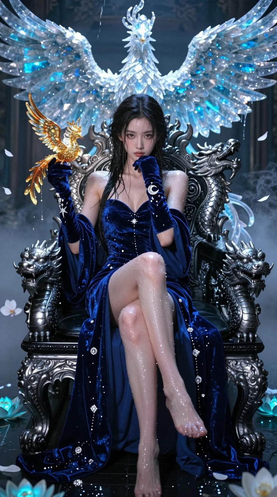 Rainha etérea em trono de dragão de obsidiana em seda safira