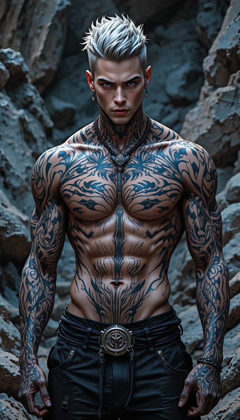 Homme tatoué aux cheveux argentés debout au soleil parmi les rochers