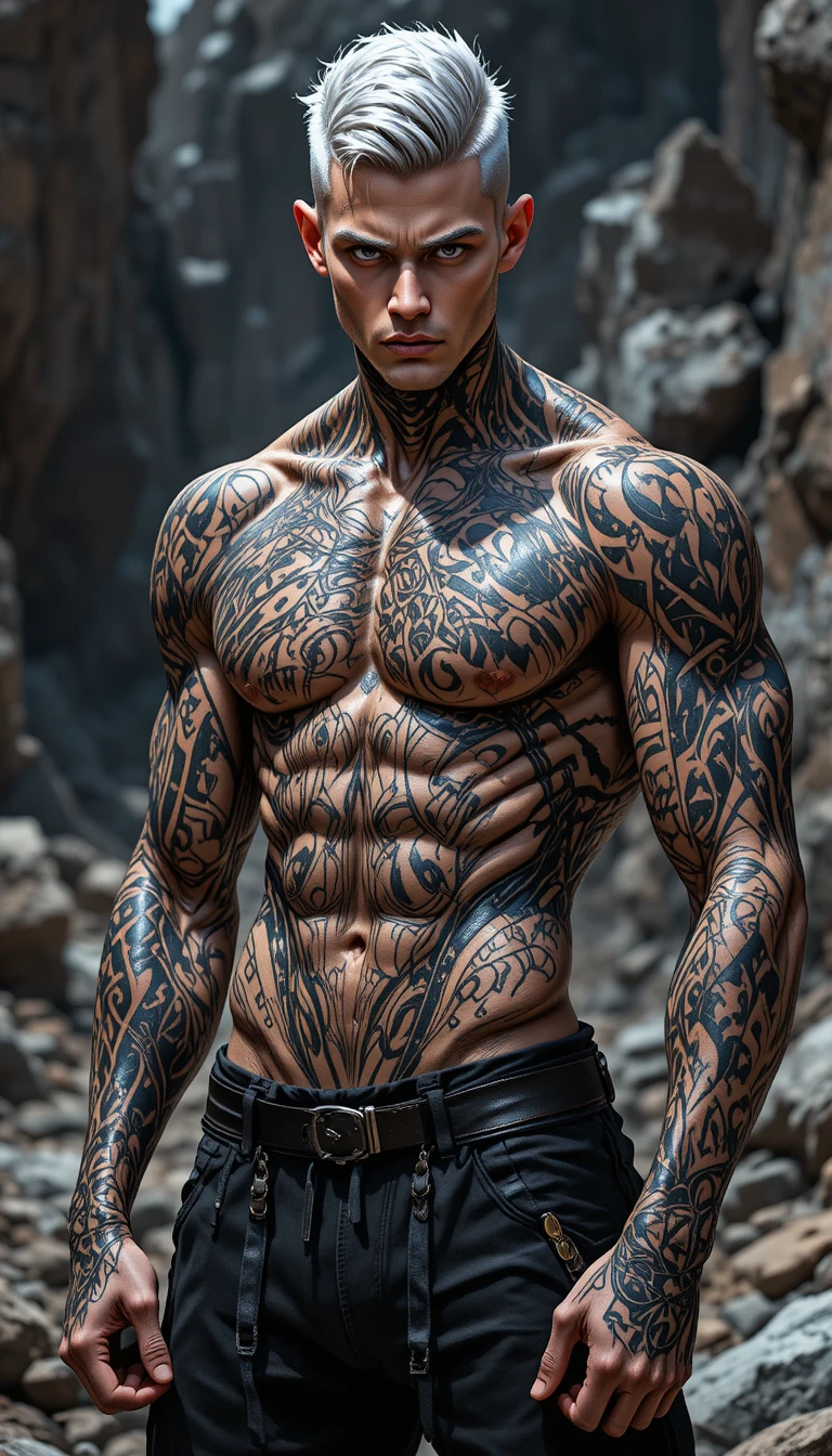 Homem musculoso tatuado em paisagem rochosa com olhar intenso