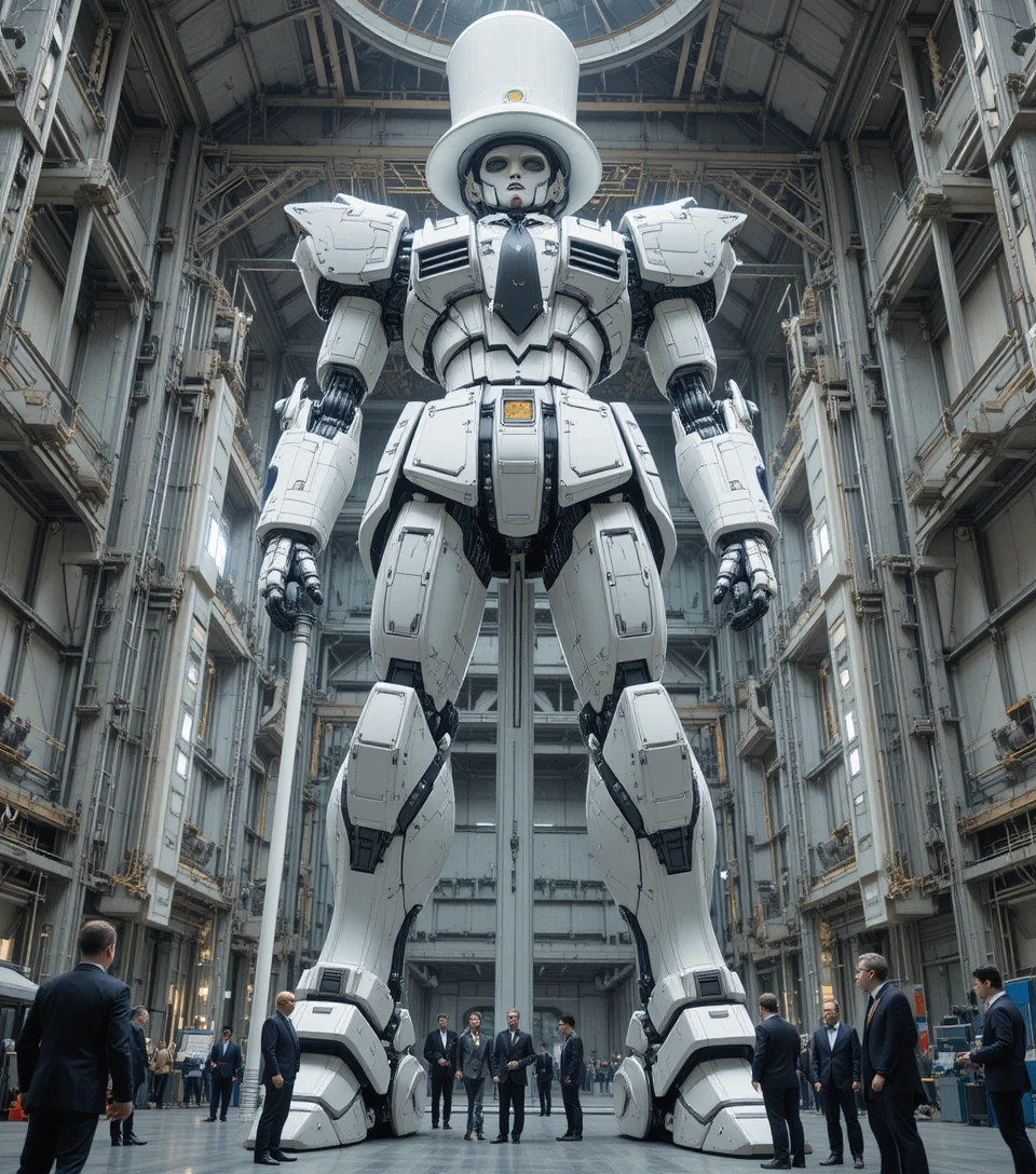 Gigante mecha em estilo smoking montado em um hangar subterrâneo