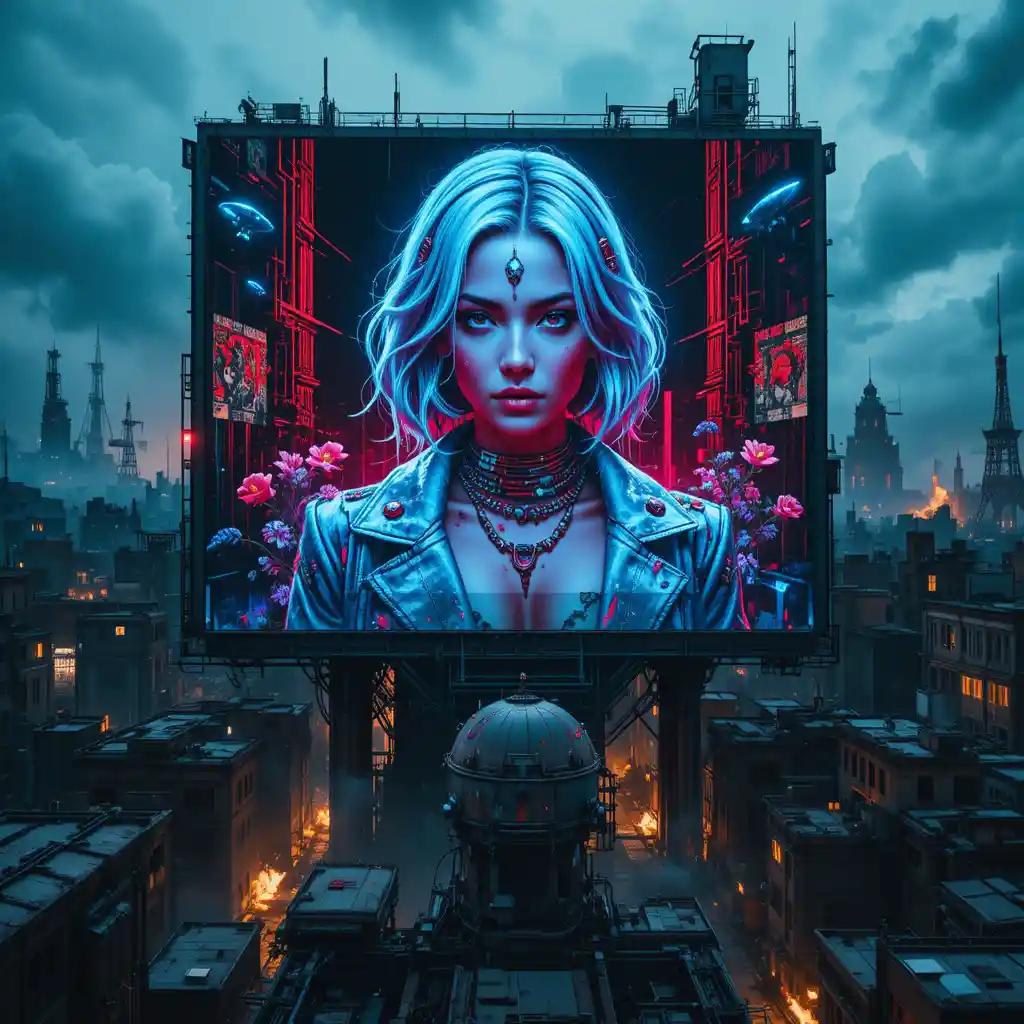 Murale di donna cyberpunk su stazione spaziale orbitale abbandonata