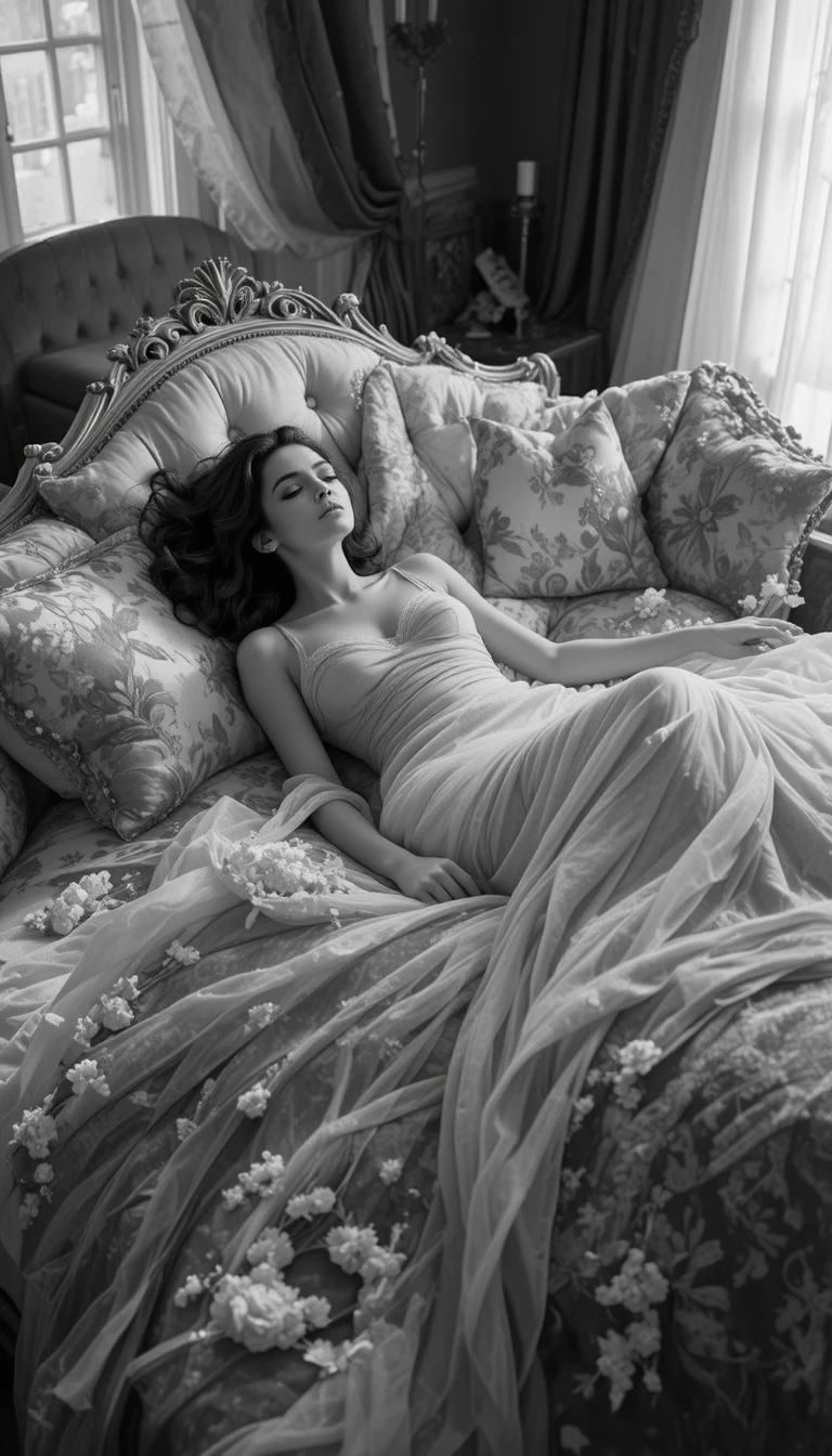 Femme allongée sur un lit ancien dans de doux tons monochromes