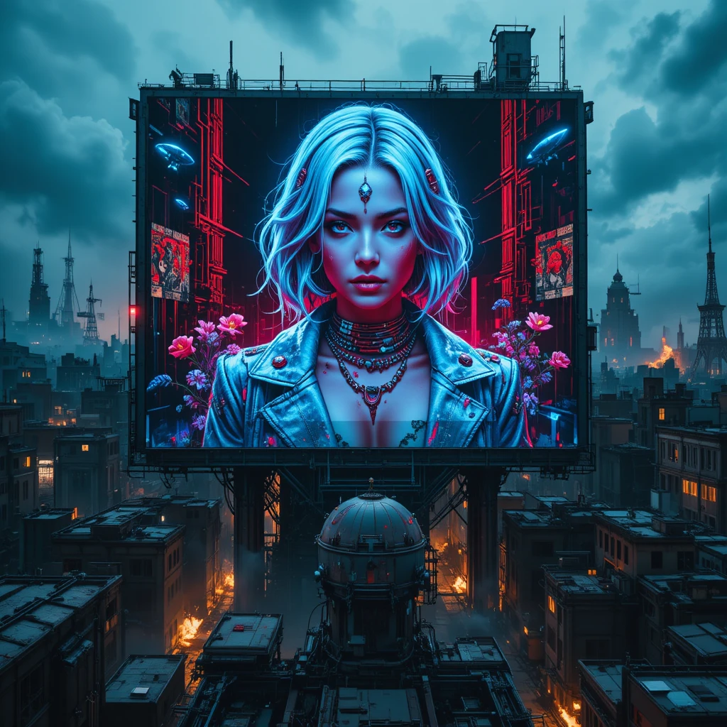 Murale di donna cyberpunk su stazione spaziale orbitale abbandonata