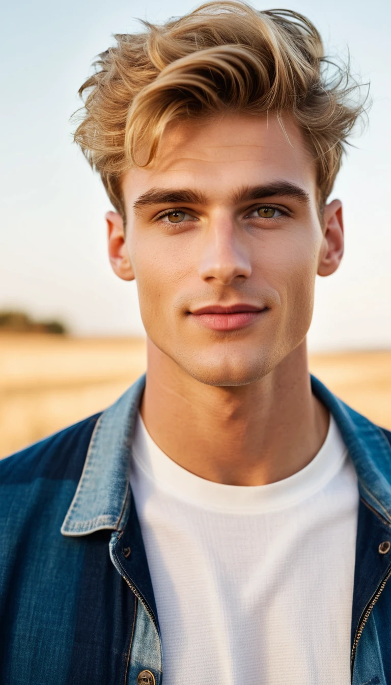 Retrato de jovem ao nascer do sol com olhar calmo e confiante