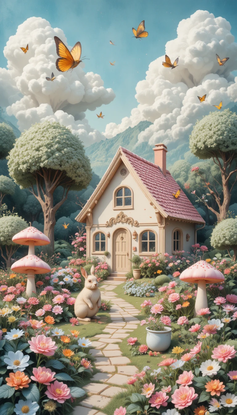 Jardim de conto de fadas aconchegante com casinha do coelho e flores