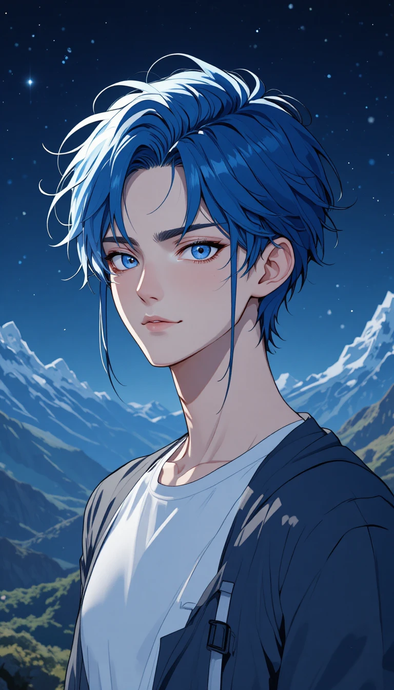 星空群山下站立的藍髮動漫男子