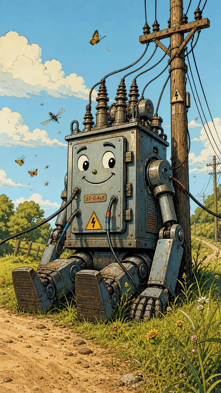 Cartoon-Strommast-Roboter, der an einer ländlichen Straße sitzt