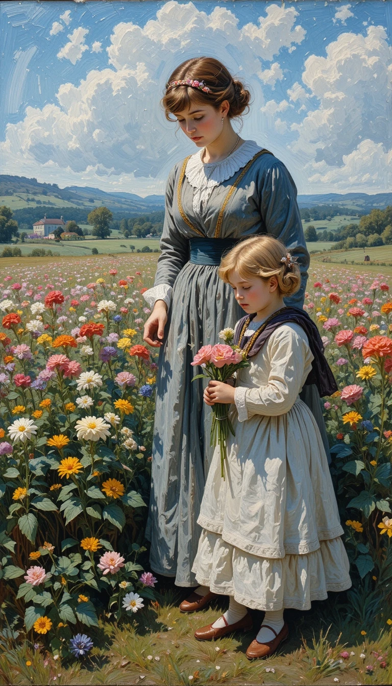 Crianças colhendo flores em uma pintura a óleo impressionista