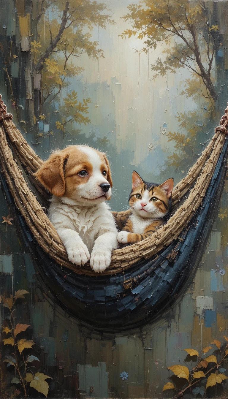 Chiot rêveur et chat se reposant ensemble dans un hamac