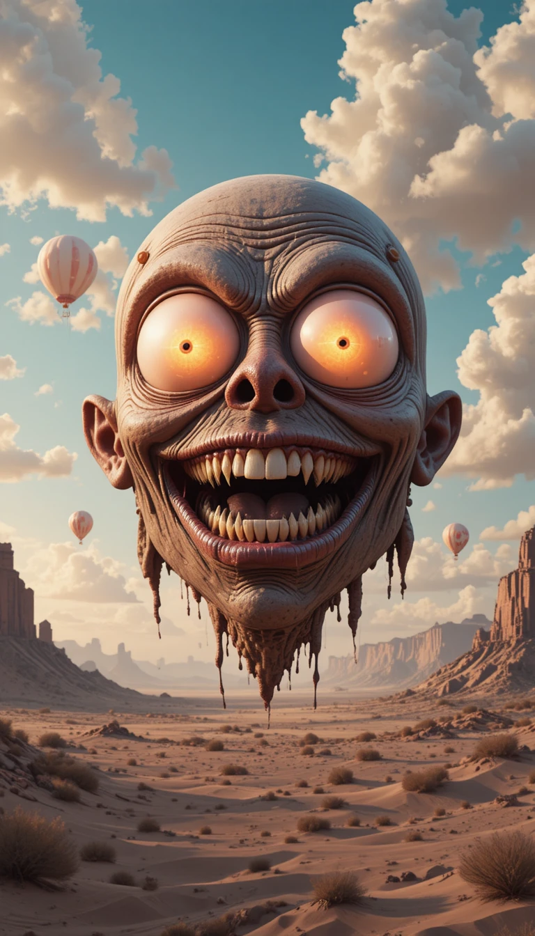 Gigantic surreal face with glowing eyes in desert sky