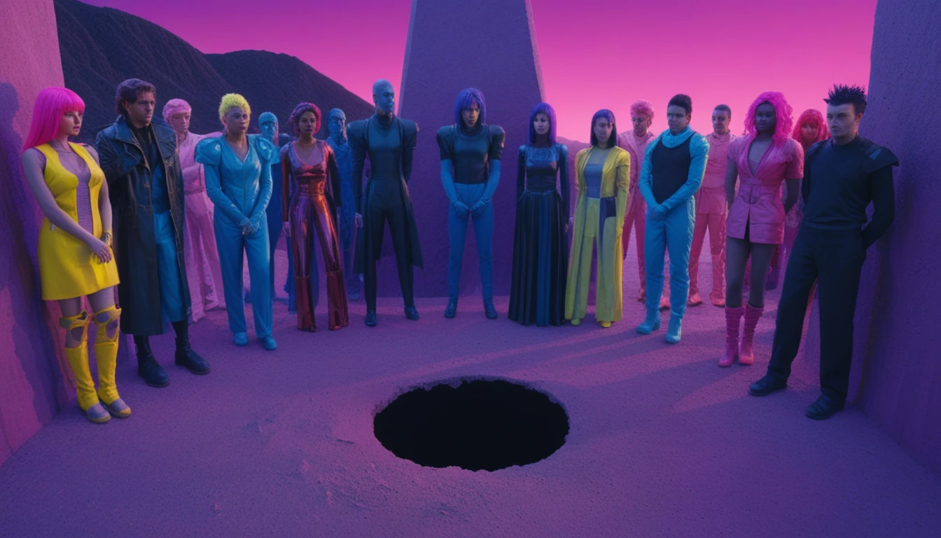 Figuras humanas coloridas em uma paisagem geométrica surreal