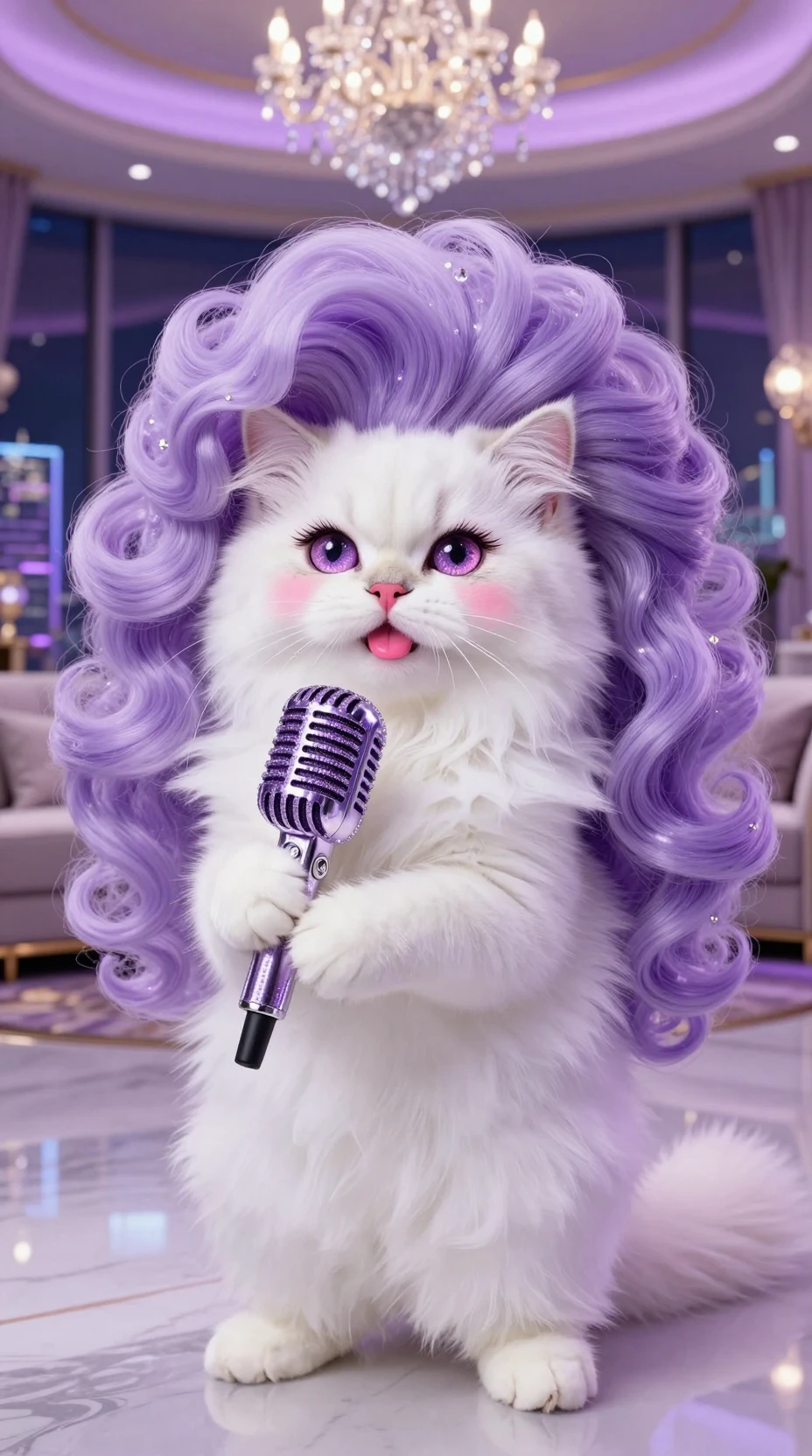 Gata branca glamourosa cantando em um microfone de cristal roxo