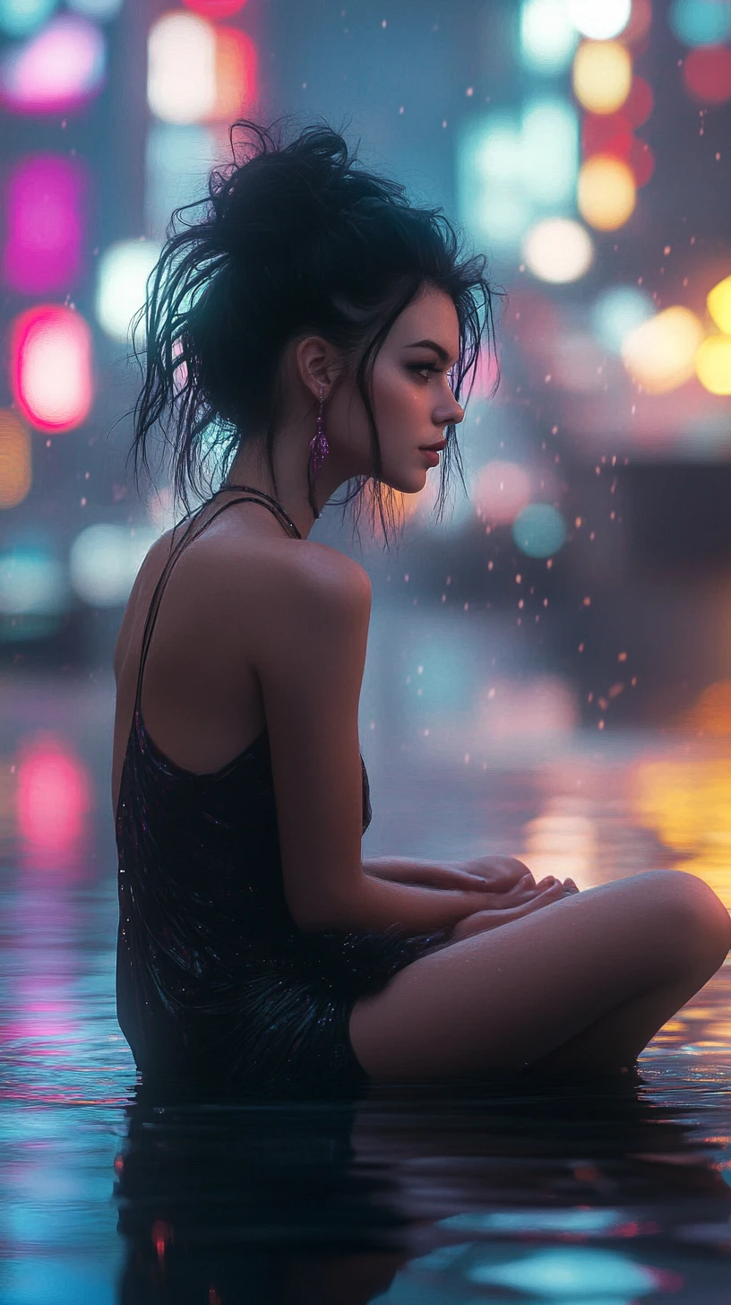 Femme méditant sur une plateforme en bois dans une ville cyberpunk néon