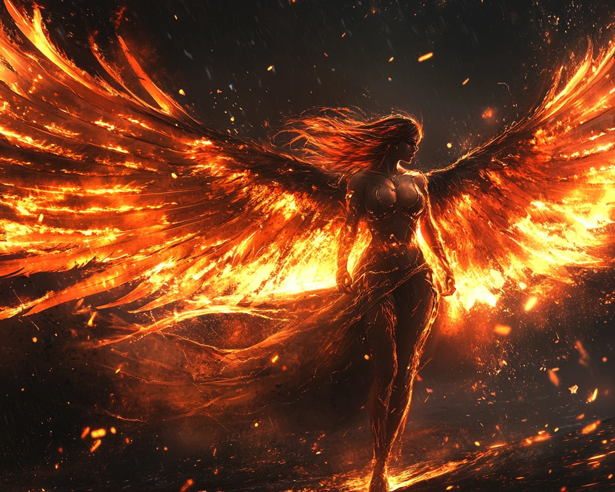 Dark angel with flaming wings in powerful dramatic pose