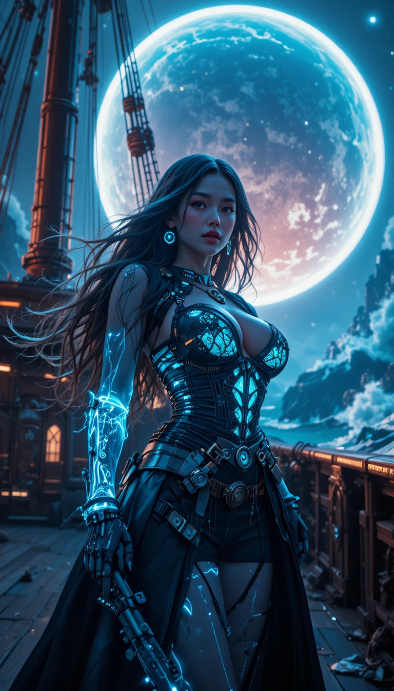 Princesa pirata cibernética em uma nave biomecânica neon
