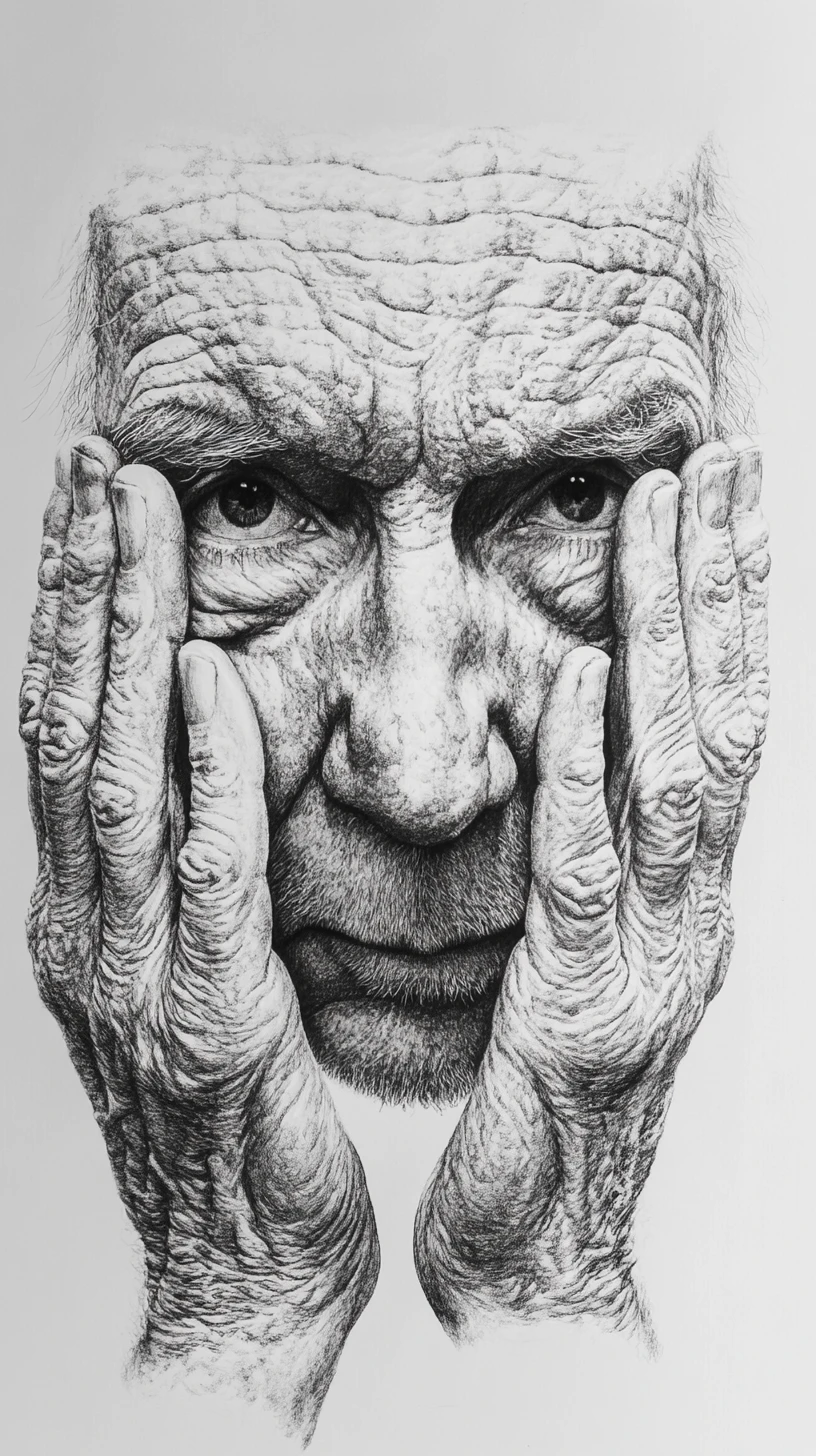Portrait hyperréaliste au crayon d’un vieil homme en prière