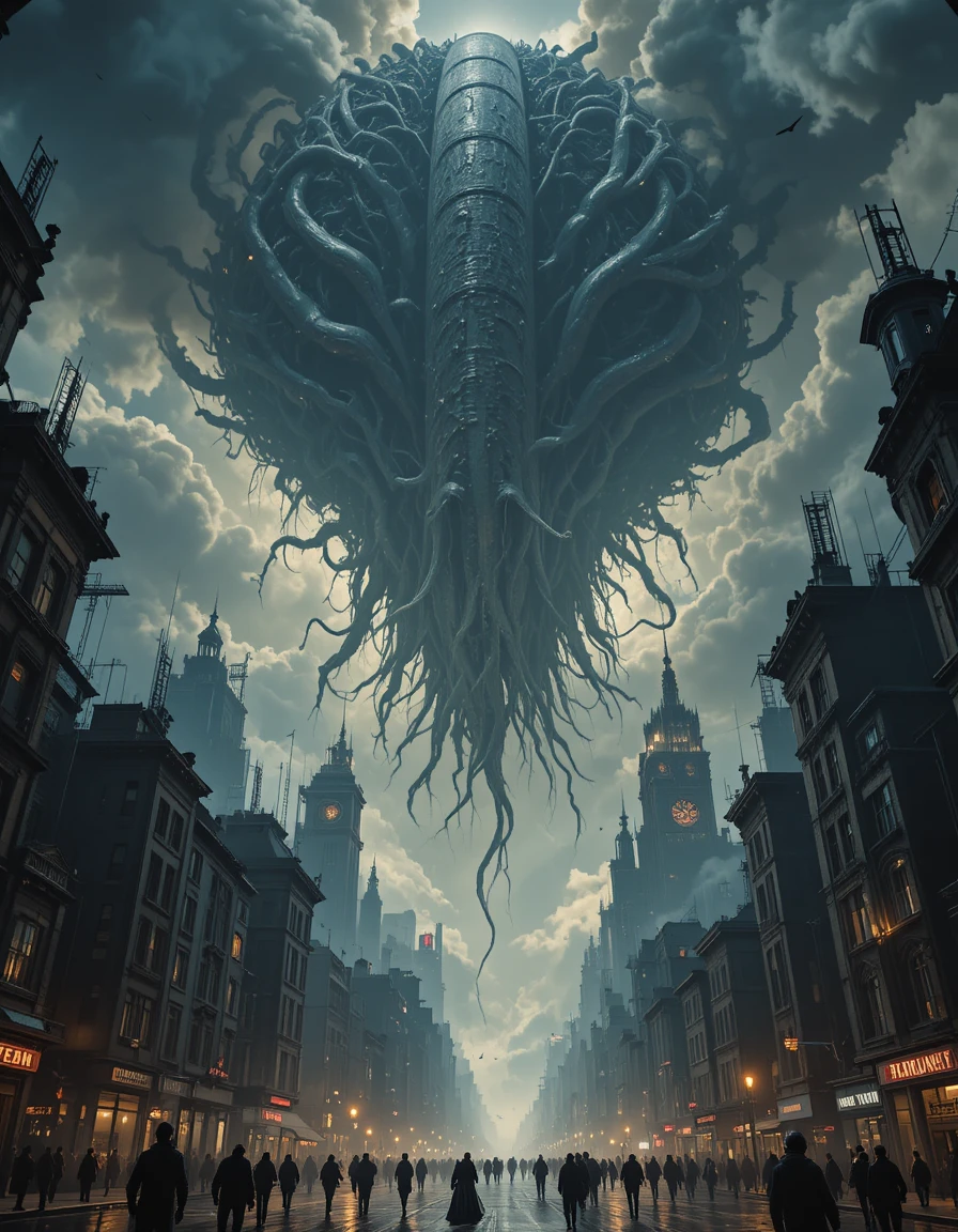 Monstro cósmico colossal devorando uma cidade do alto