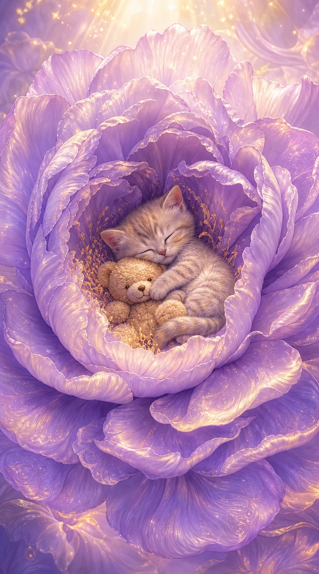 Gatito dormido y osito de peluche acurrucados en una flor gigante