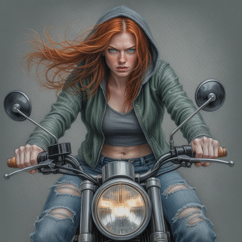 Mulher ruiva em moto café racer de frente para a câmera
