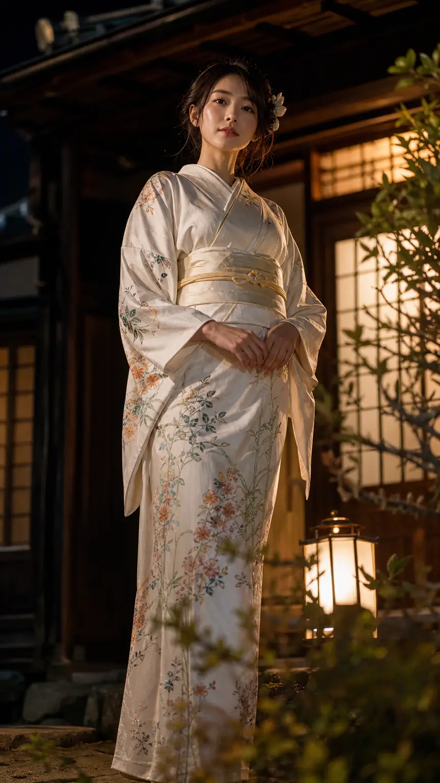 白色絲質和服的亞洲女子站在紙房子前