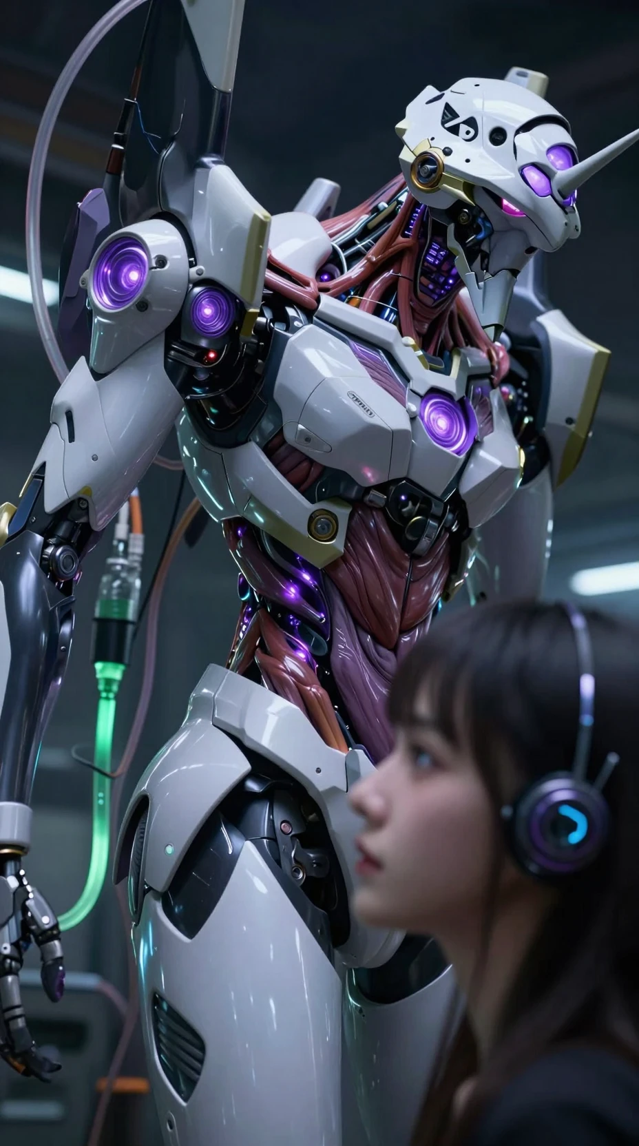 Garota piloto de anime conectada a mecha biomecânico em laboratório