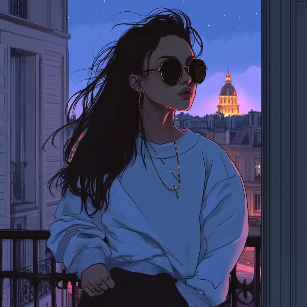 Young woman smoking on a parisian balcony at night