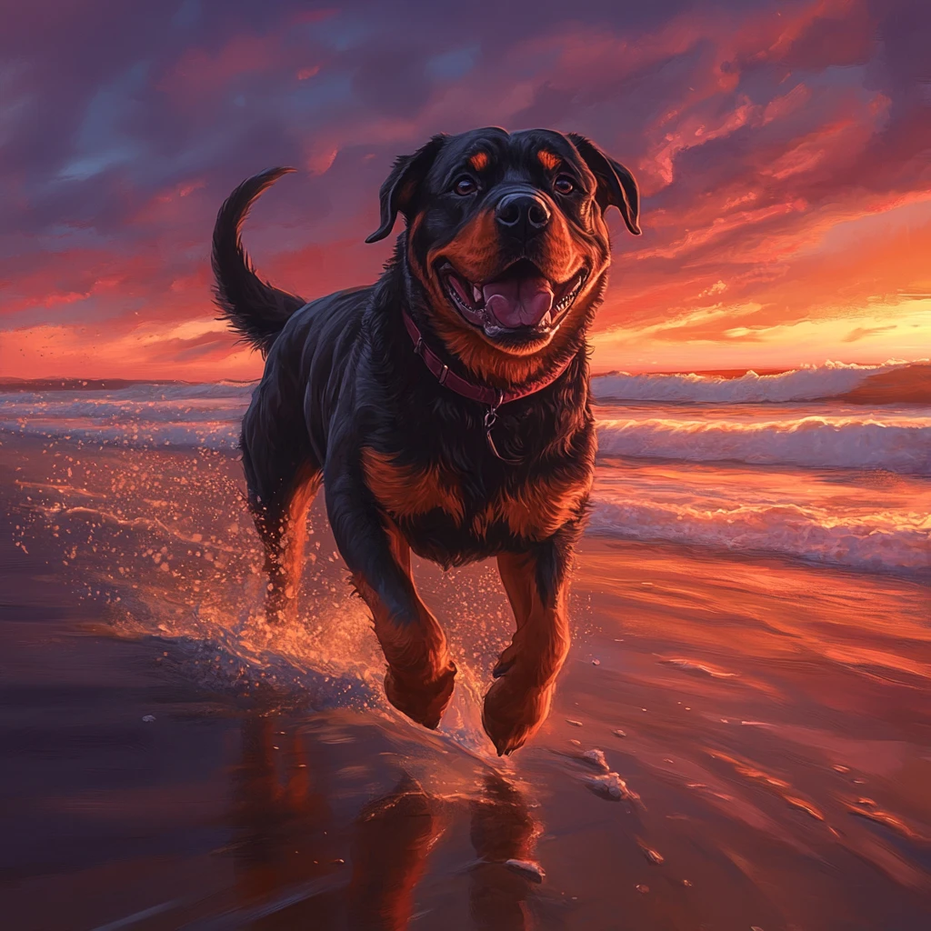 Rottweiler correndo em uma praia dourada ao pôr do sol