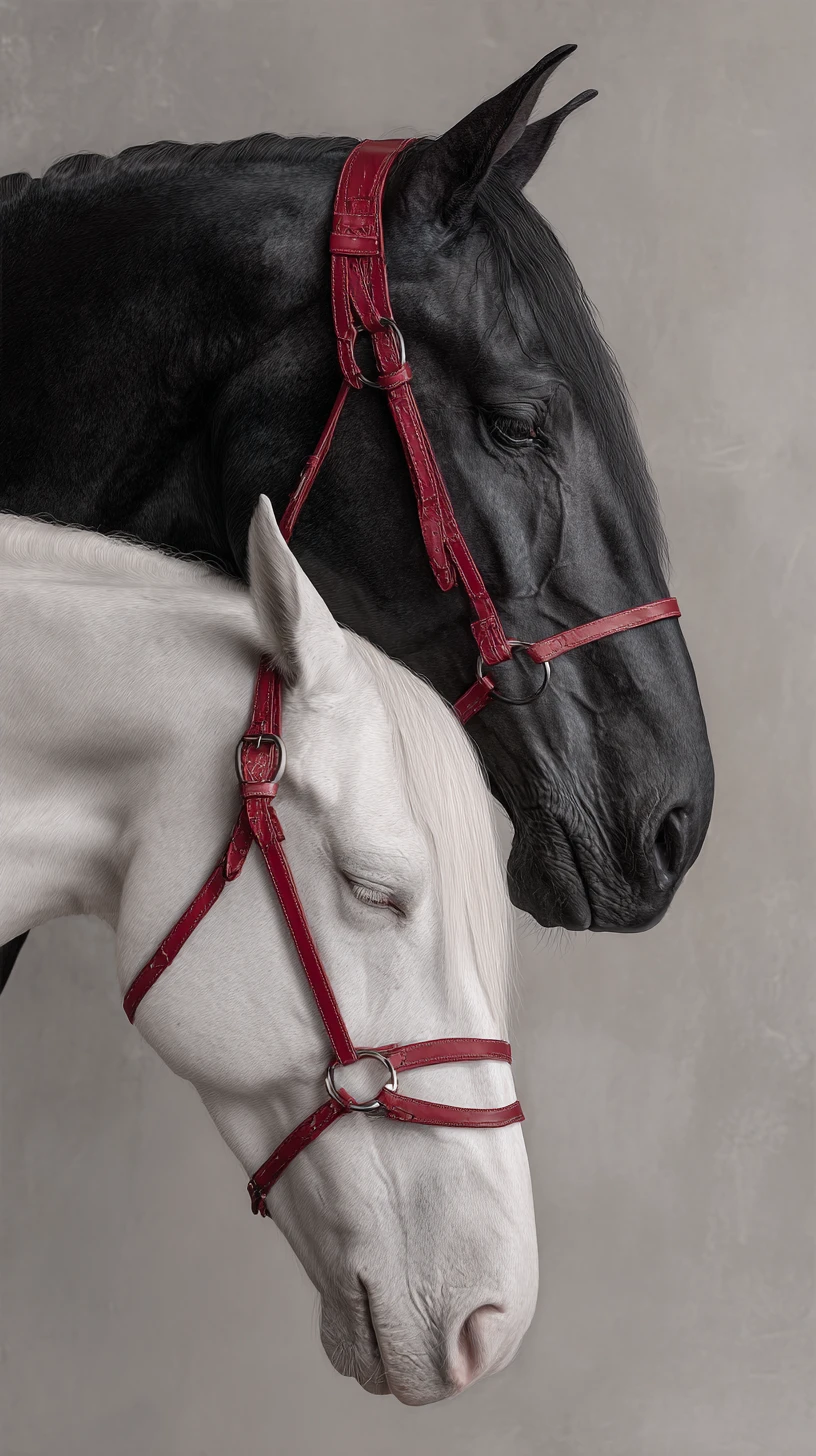 白と黒の馬が優しく触れ合うスタジオポートレート