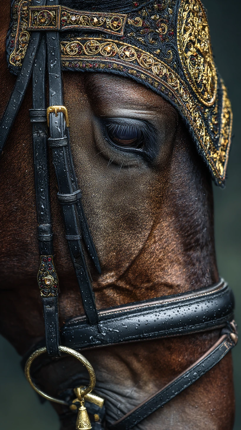 Dramatic close up portrait of a bridled dark bay horse